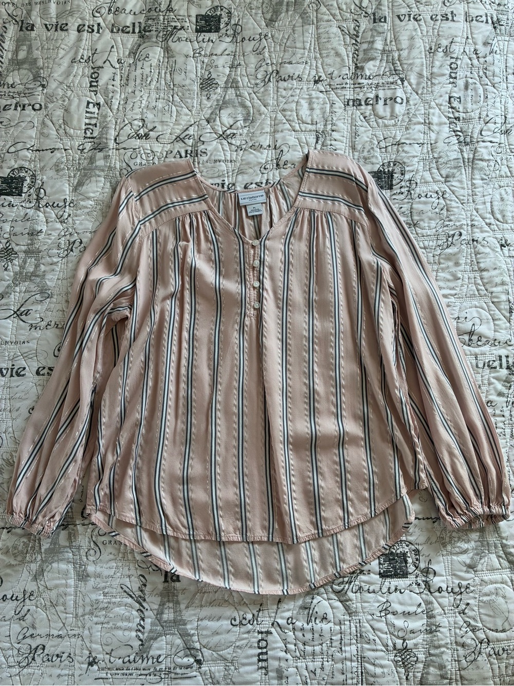 Liz Claiborne Blush Pink Vertical Stripe Button-Front Peasant Blouse